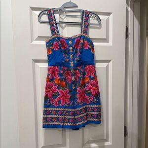 FARM Rio Blue Floral Embroidered Romper with Pink & Orange Flowers